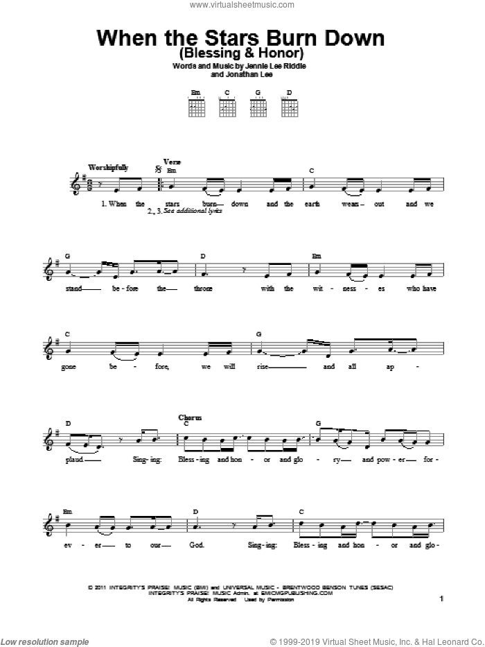 When The Stars Burn Down (Blessing and Honor) sheet music for guitar solo (chords) by Jennie Lee Riddle and Jonathan Lee, easy guitar (chords)
