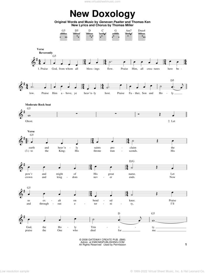 New Doxology sheet music for guitar solo (chords) by Genevan Psalter, Gateway Worship, Thomas Ken and Thomas Miller, easy guitar (chords)