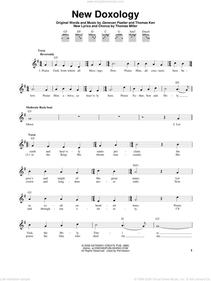 New Doxology sheet music for guitar solo (chords) by Genevan Psalter, Gateway Worship, Thomas Ken and Thomas Miller, easy guitar (chords)