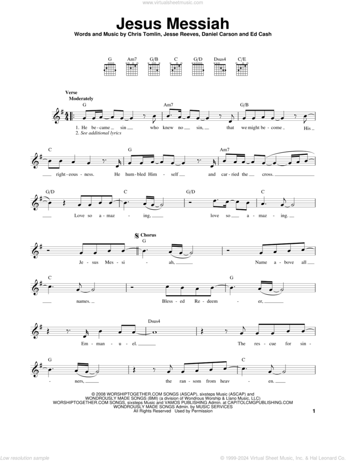 Jesus Messiah sheet music for guitar solo (chords) by Chris Tomlin, Daniel Carson, Ed Cash and Jesse Reeves, easy guitar (chords)