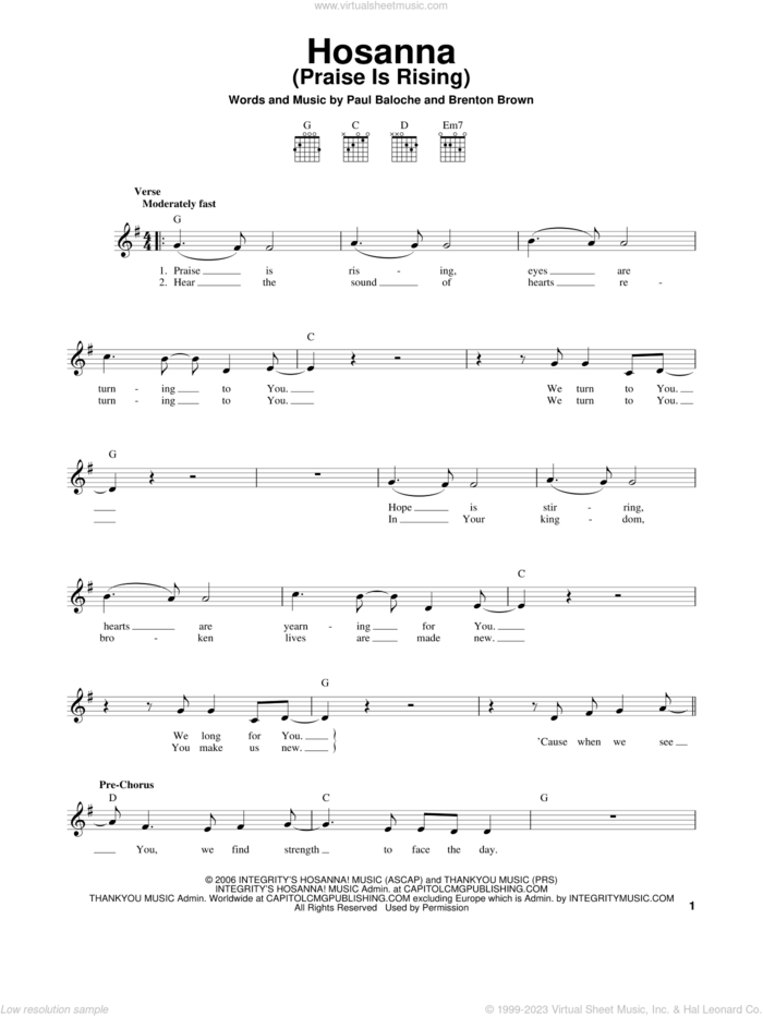 Hosanna (Praise Is Rising) sheet music for guitar solo (chords) by Brenton Brown and Paul Baloche, easy guitar (chords)