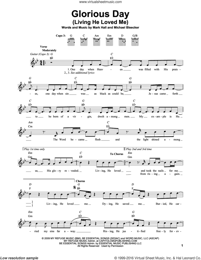 Glorious Day (Living He Loved Me) sheet music for guitar solo (chords) by Casting Crowns, Mark Hall and Michael Bleaker, easy guitar (chords)