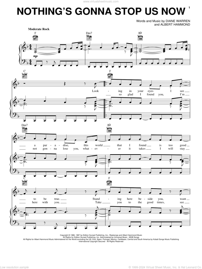 Nothing's Gonna Stop Us Now sheet music for voice, piano or guitar by Starship, Albert Hammond and Diane Warren, intermediate skill level