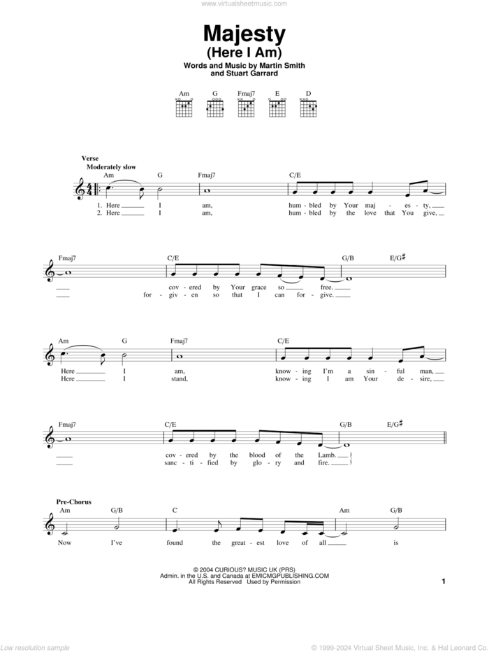 Majesty (Here I Am) sheet music for guitar solo (chords) by Delirious?, Martin Smith and Stuart Garrard, easy guitar (chords)