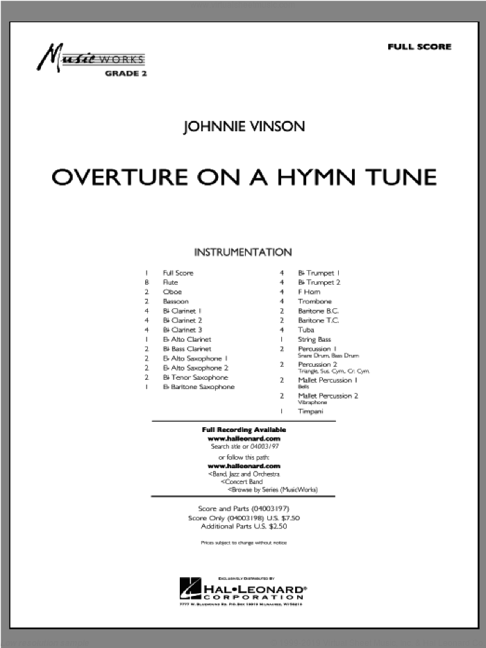 Overture on a Hymn Tune sheet music for concert band (full score) by Johnnie Vinson, intermediate skill level