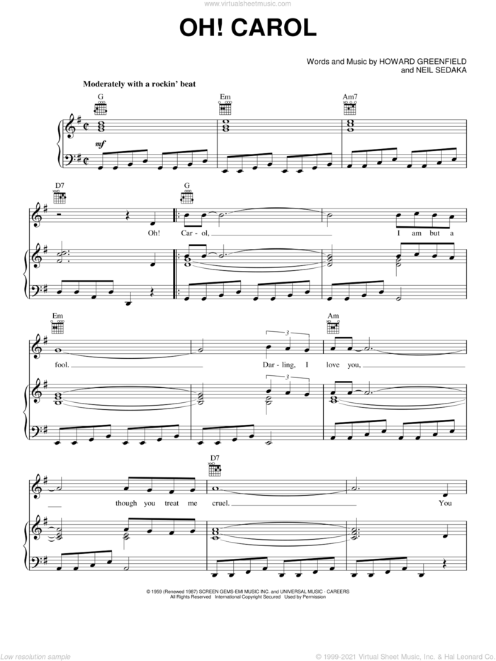 Oh! Carol sheet music for voice, piano or guitar by Neil Sedaka and Howard Greenfield, intermediate skill level