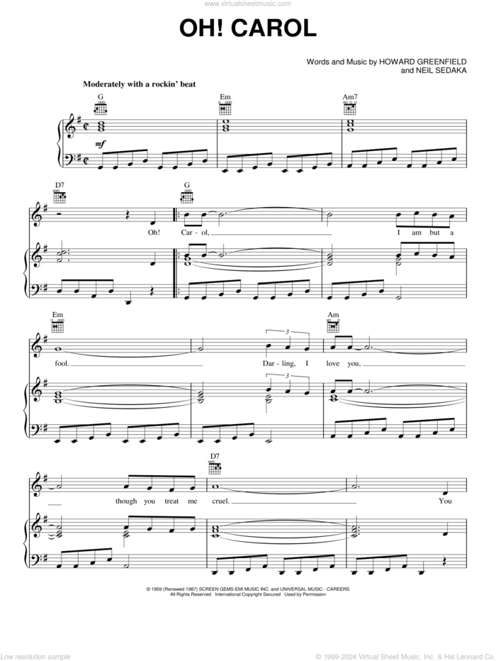 Oh! Carol sheet music for voice, piano or guitar by Neil Sedaka and Howard Greenfield, intermediate skill level