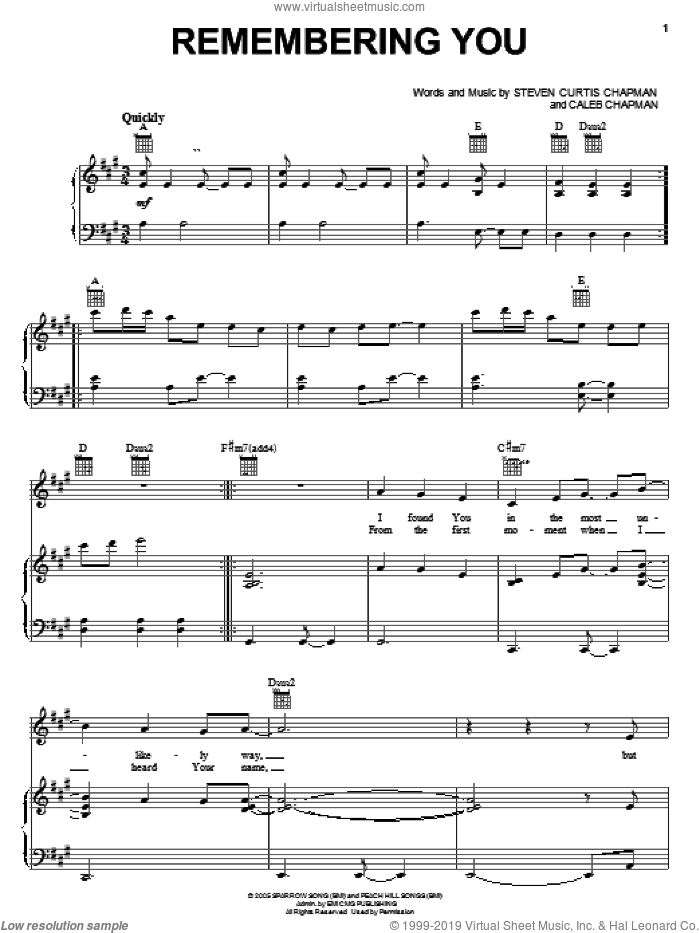 Remembering You sheet music for voice, piano or guitar by Steven Curtis Chapman, The Chronicles of Narnia: The Lion, The Witch And The Wardrobe  and Caleb Chapman, intermediate skill level