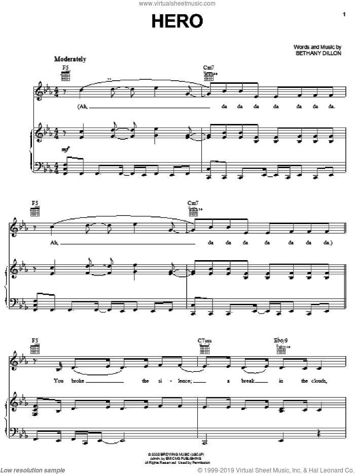 Hero sheet music for voice, piano or guitar by Bethany Dillon and The Chronicles of Narnia: The Lion, The Witch And The Wardrobe , intermediate skill level