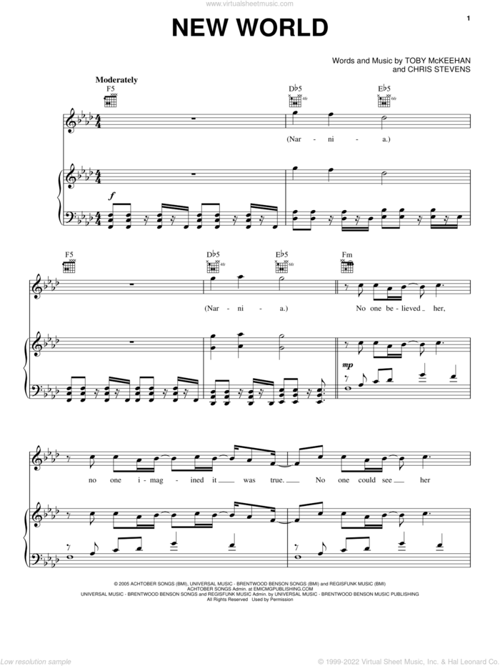 New World sheet music for voice, piano or guitar by tobyMac, The Chronicles of Narnia: The Lion, The Witch And The Wardrobe , Christopher Stevens and Toby McKeehan, intermediate skill level