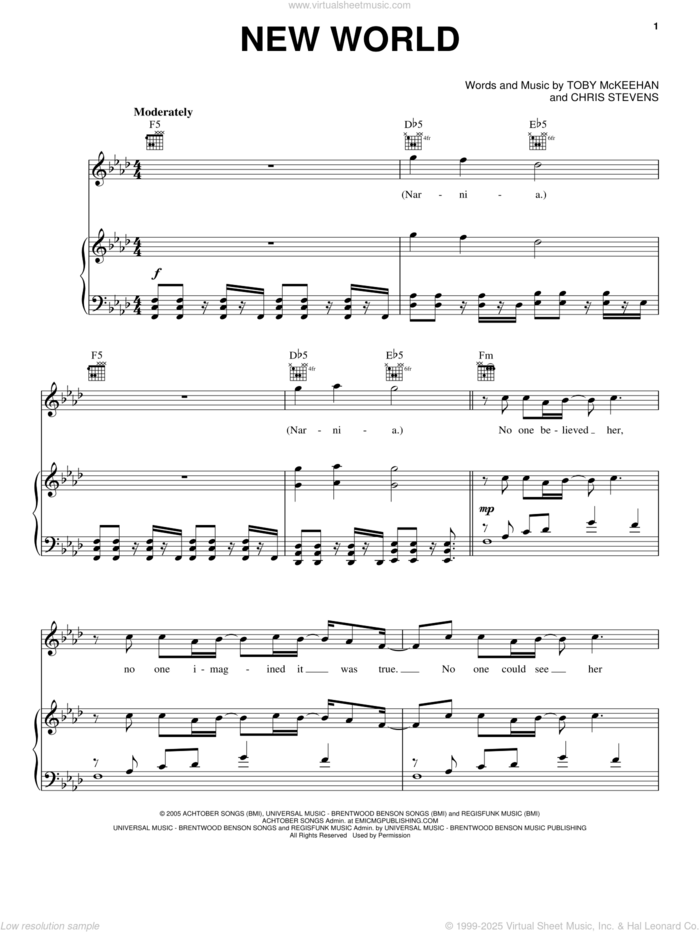 New World sheet music for voice, piano or guitar by tobyMac, The Chronicles of Narnia: The Lion, The Witch And The Wardrobe , Christopher Stevens and Toby McKeehan, intermediate skill level