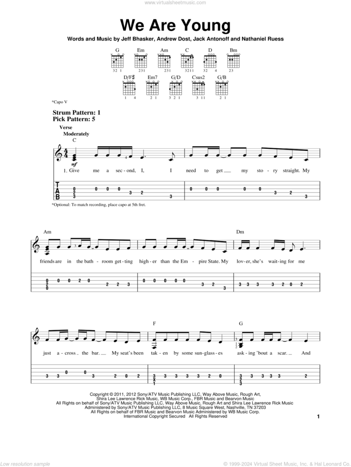 We Are Young sheet music for guitar solo (easy tablature) by Fun, easy guitar (easy tablature)