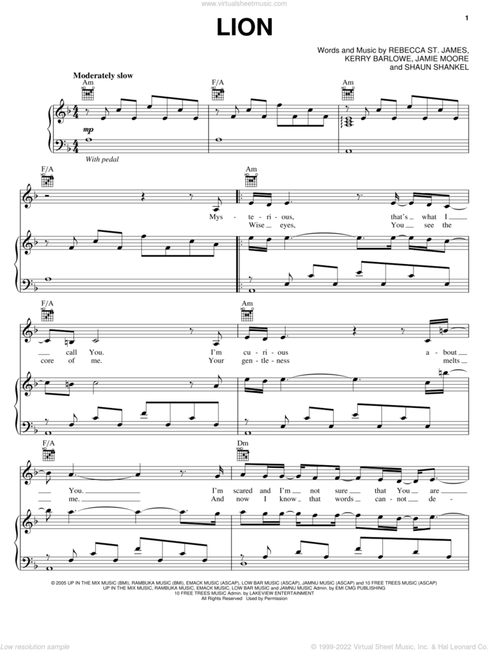 Lion sheet music for voice, piano or guitar by Rebecca St. James, The Chronicles of Narnia: The Lion, The Witch And The Wardrobe , Jamie Moore, Kerry Barlower and Shaun Shankel, intermediate skill level