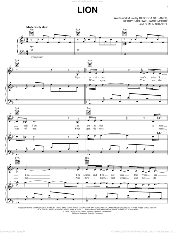 Lion sheet music for voice, piano or guitar by Rebecca St. James, The Chronicles of Narnia: The Lion, The Witch And The Wardrobe , Jamie Moore, Kerry Barlower and Shaun Shankel, intermediate skill level