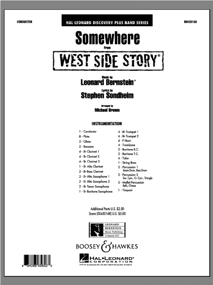 Somewhere (from West Side Story) (COMPLETE) sheet music for concert band by Stephen Sondheim, Leonard Bernstein and Michael Brown, intermediate skill level