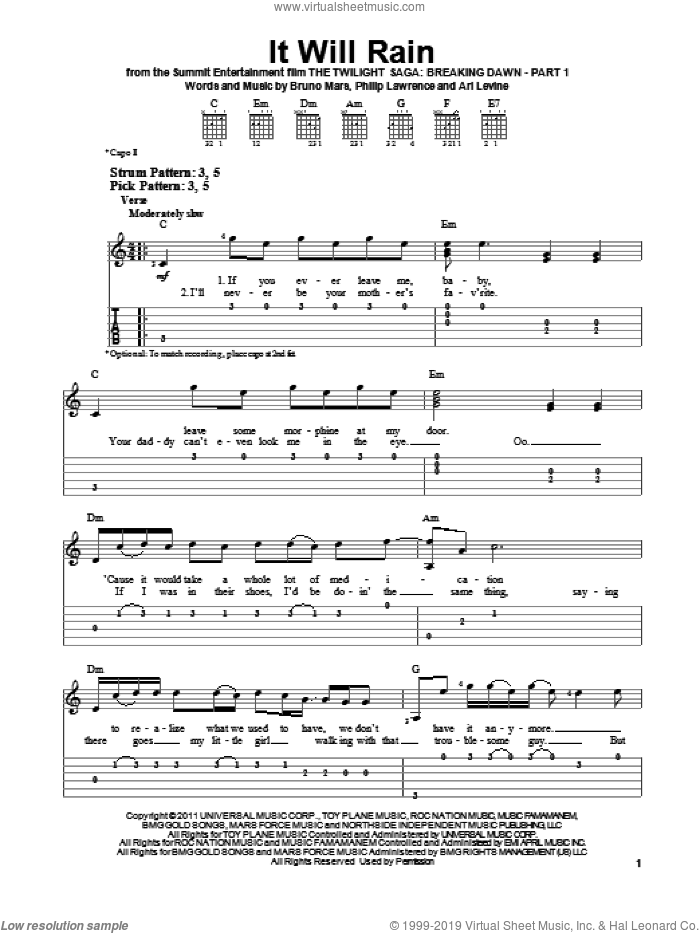 It Will Rain sheet music for guitar solo (easy tablature) by Bruno Mars, Ari Levine and Philip Lawrence, easy guitar (easy tablature)