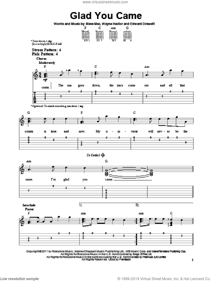 Glad You Came sheet music for guitar solo (easy tablature) by The Wanted, Edward Drewett, Steve Mac and Wayne Hector, easy guitar (easy tablature)