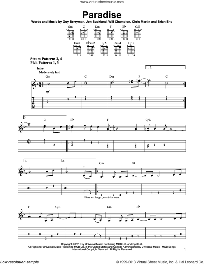 Paradise sheet music for guitar solo (easy tablature) by Coldplay, Brian Eno, Chris Martin, Guy Berryman, Jon Buckland and Will Champion, easy guitar (easy tablature)