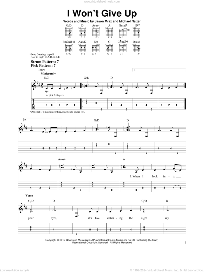 I Won't Give Up sheet music for guitar solo (easy tablature) by Jason Mraz and Michael Natter, wedding score, easy guitar (easy tablature)