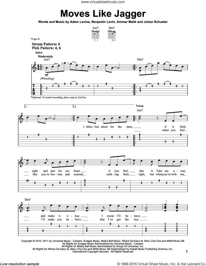 Moves Like Jagger sheet music for guitar solo (easy tablature) by Maroon 5, Adam Levine, Ammar Malk, Benjamin Levin and Johan Schuster, easy guitar (easy tablature)