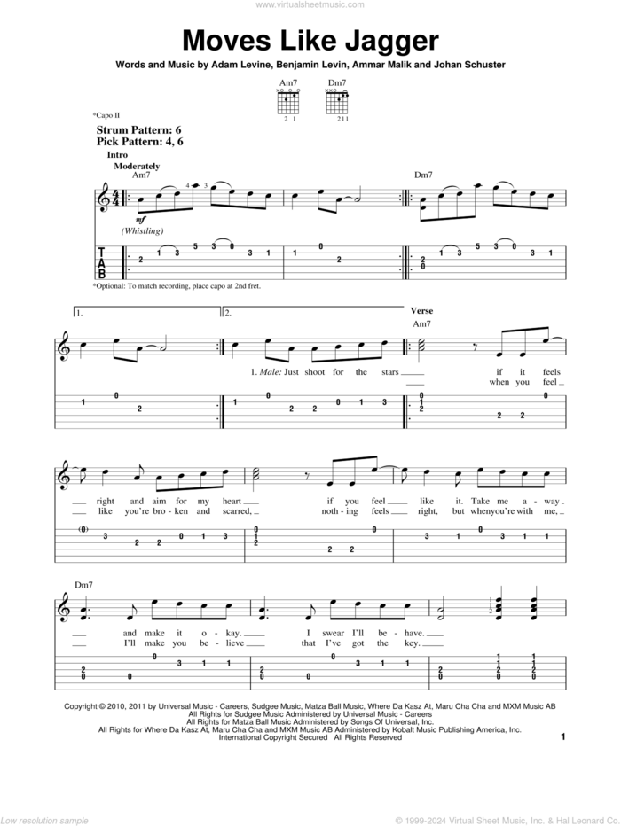 Moves Like Jagger sheet music for guitar solo (easy tablature) by Maroon 5, Adam Levine, Ammar Malk, Benjamin Levin and Johan Schuster, easy guitar (easy tablature)