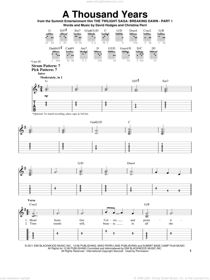 A Thousand Years sheet music for guitar solo (easy tablature) by Christina Perri and David Hodges, wedding score, easy guitar (easy tablature)