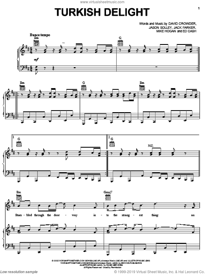 Turkish Delight sheet music for voice, piano or guitar by David Crowder Band, The Chronicles of Narnia: The Lion, The Witch And The Wardrobe , David Crowder, Ed Cash, Jack Parker, Jason Solley and Mike Hogan, intermediate skill level