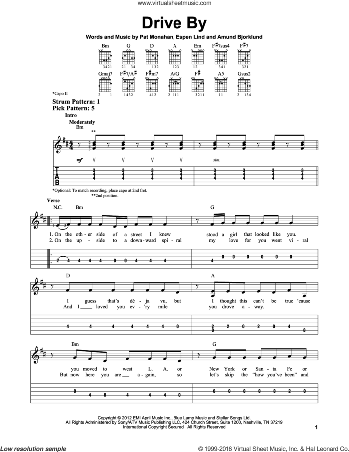 Drive By sheet music for guitar solo (easy tablature) by Train, Amund Bjorklund, Espen Lind and Pat Monahan, easy guitar (easy tablature)