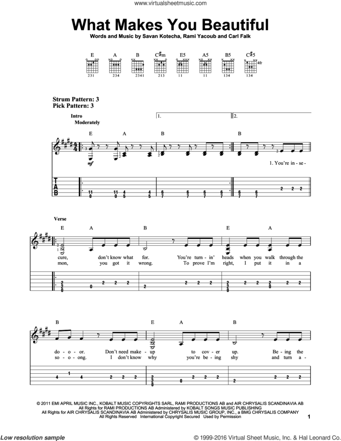What Makes You Beautiful sheet music for guitar solo (easy tablature) by One Direction, Carl Falk, Rami and Savan Kotecha, easy guitar (easy tablature)
