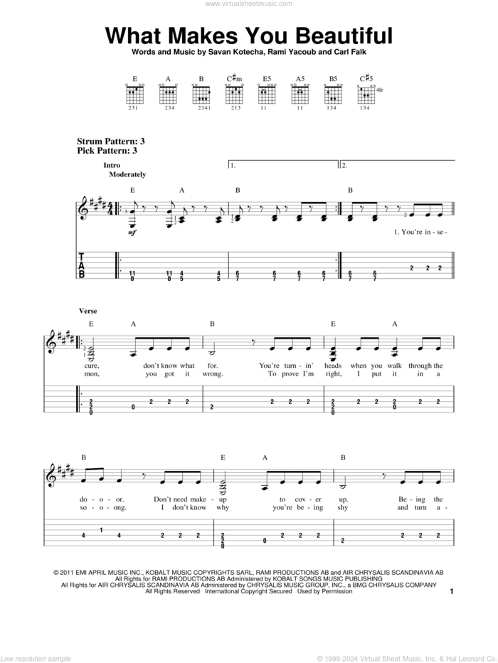 What Makes You Beautiful sheet music for guitar solo (easy tablature) by One Direction, Carl Falk, Rami and Savan Kotecha, easy guitar (easy tablature)