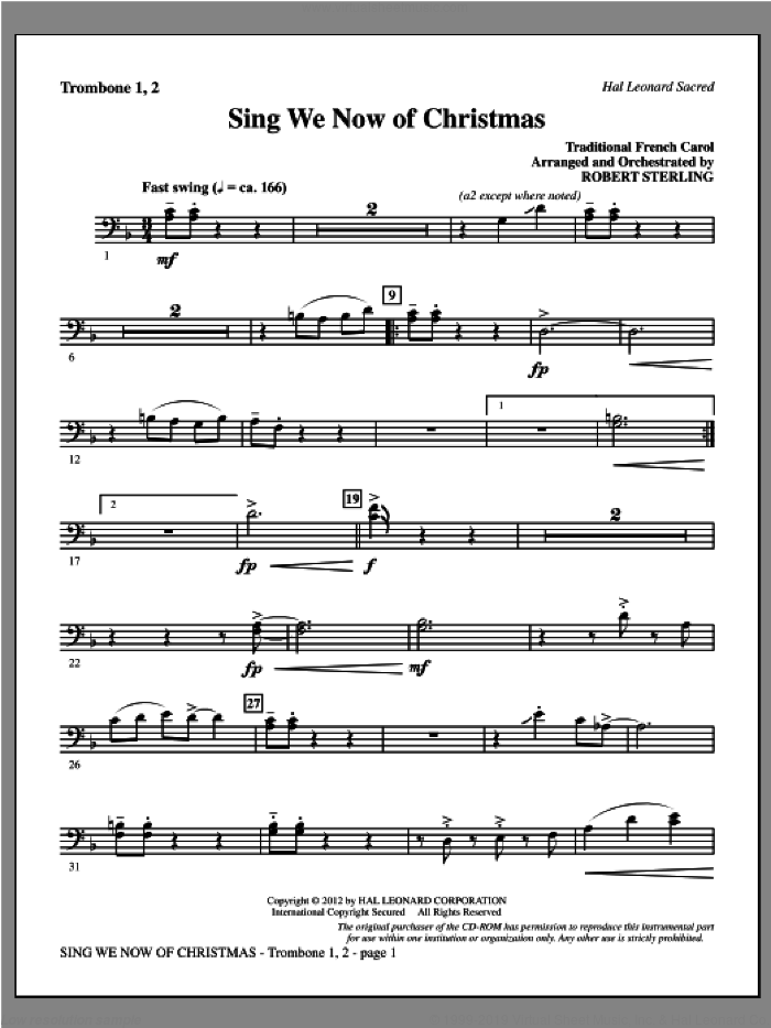 Sing We Now Of Christmas sheet music for orchestra/band (trombone 1 and 2) by Robert Sterling and Miscellaneous, intermediate skill level