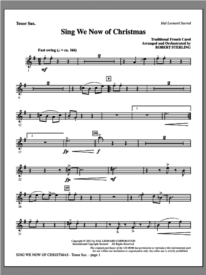 Sing We Now Of Christmas sheet music for orchestra/band (tenor sax) by Robert Sterling and Miscellaneous, intermediate skill level