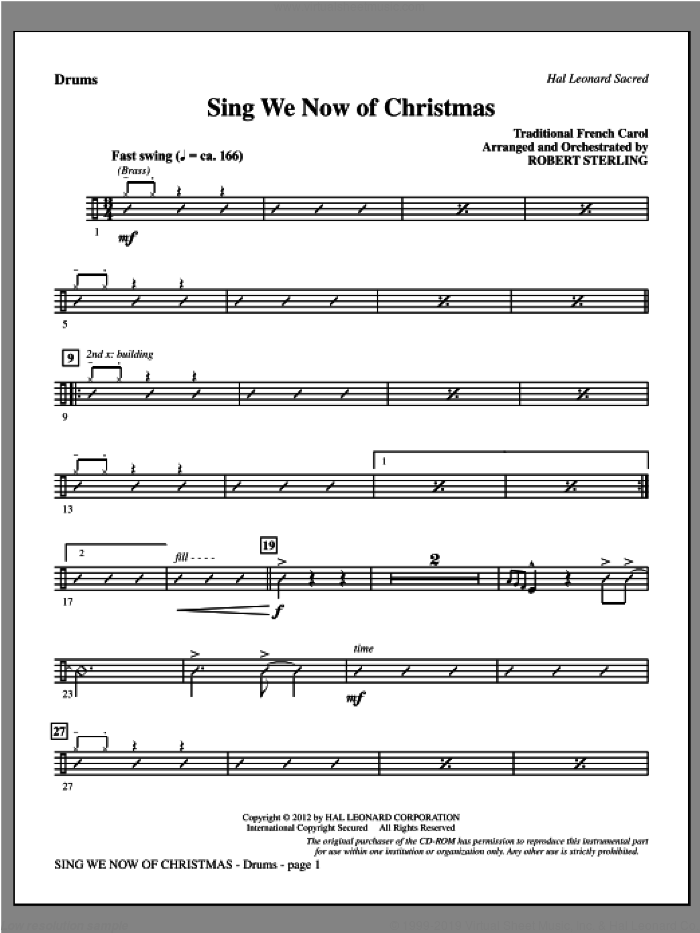 Sing We Now Of Christmas sheet music for orchestra/band (drums) by Robert Sterling and Miscellaneous, intermediate skill level