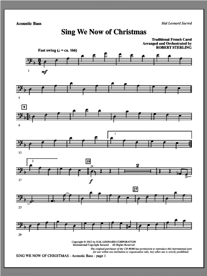 Sing We Now Of Christmas sheet music for orchestra/band (acoustic bass) by Robert Sterling and Miscellaneous, intermediate skill level
