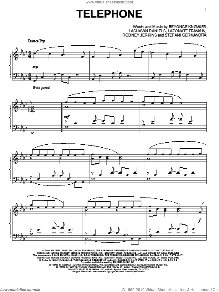 Telephone, (intermediate) sheet music for piano solo by Lady Gaga, intermediate skill level