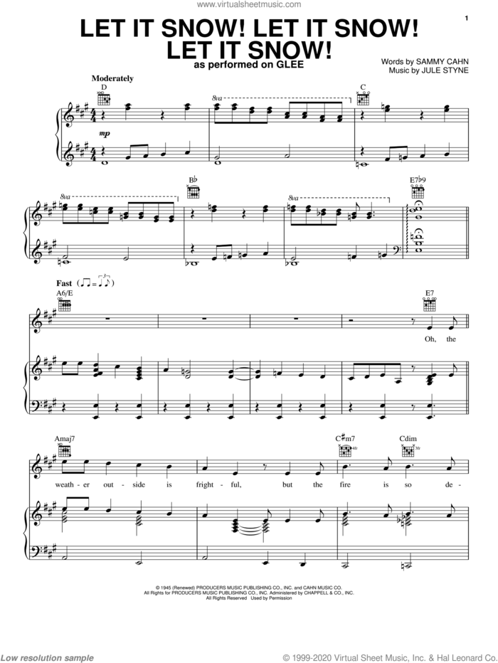 Let It Snow! Let It Snow! Let It Snow! sheet music for voice, piano or guitar by Glee Cast, intermediate skill level
