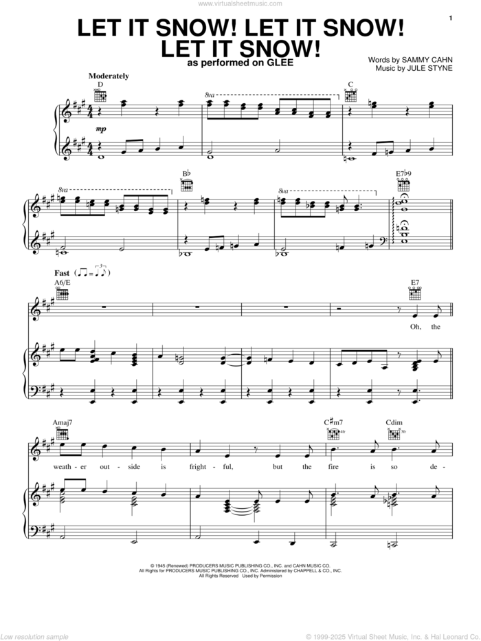 Let It Snow! Let It Snow! Let It Snow! sheet music for voice, piano or guitar by Glee Cast, intermediate skill level