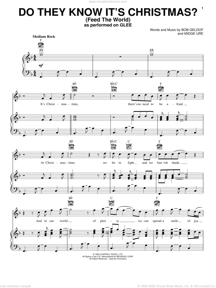 Do They Know It's Christmas? (Feed The World) sheet music for voice, piano or guitar by Glee Cast, Bob Geldof and Midge Ure, intermediate skill level