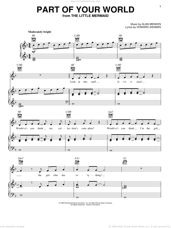 Part Of Your World (from The Little Mermaid) sheet music for voice, piano or guitar by Alan Menken, The Little Mermaid (Movie), Alan Menken & Howard Ashman and Howard Ashman, intermediate skill level