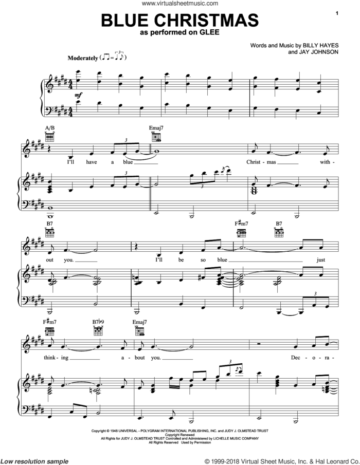 Blue Christmas sheet music for voice, piano or guitar by Glee Cast and Elvis Presley, intermediate skill level