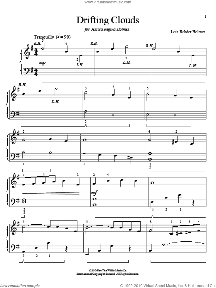 Drifting Clouds sheet music for piano solo (elementary) by Lois Rehder Holmes, classical score, beginner piano (elementary)