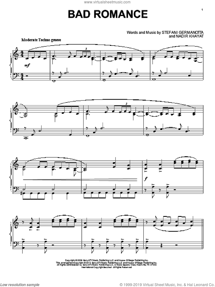 Bad Romance, (intermediate) sheet music for piano solo by Lady Gaga, intermediate skill level