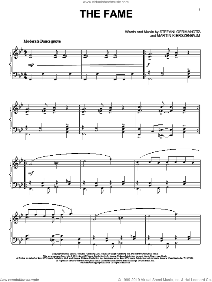 The Fame sheet music for piano solo by Lady Gaga and Martin Kierszenbaum, intermediate skill level