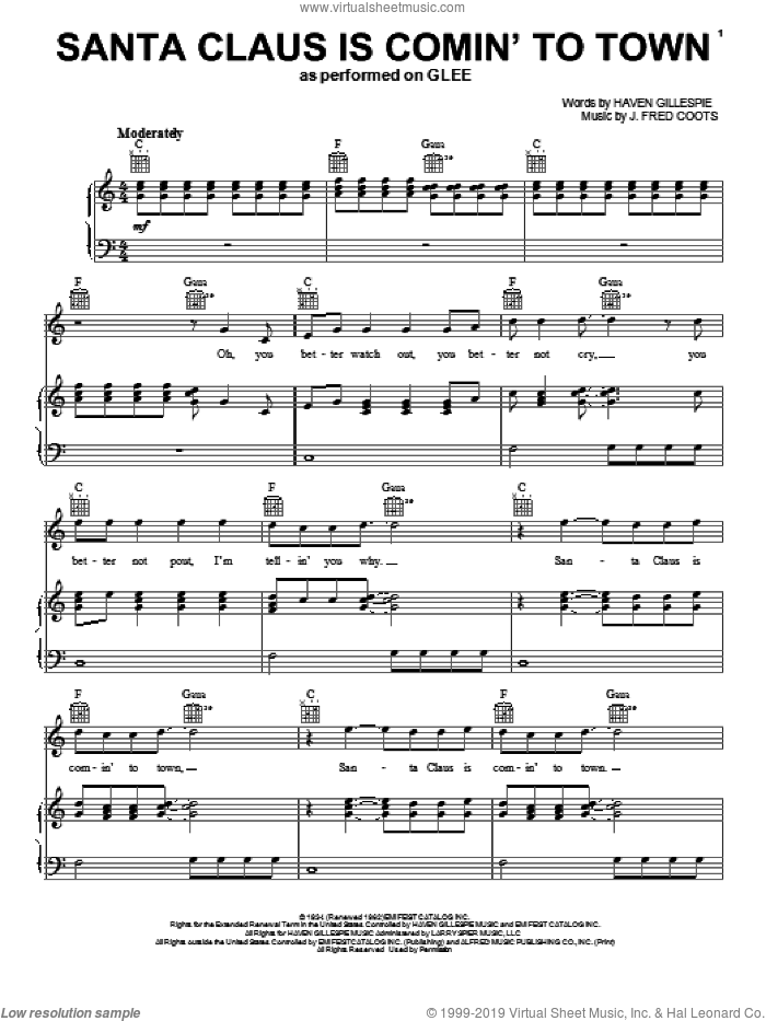 Santa Claus Is Comin' To Town sheet music for voice, piano or guitar by Glee Cast, intermediate skill level