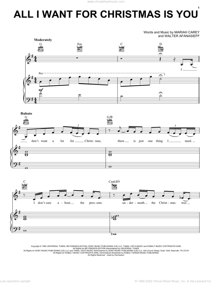 All I Want For Christmas Is You sheet music for voice, piano or guitar by Mariah Carey, intermediate skill level