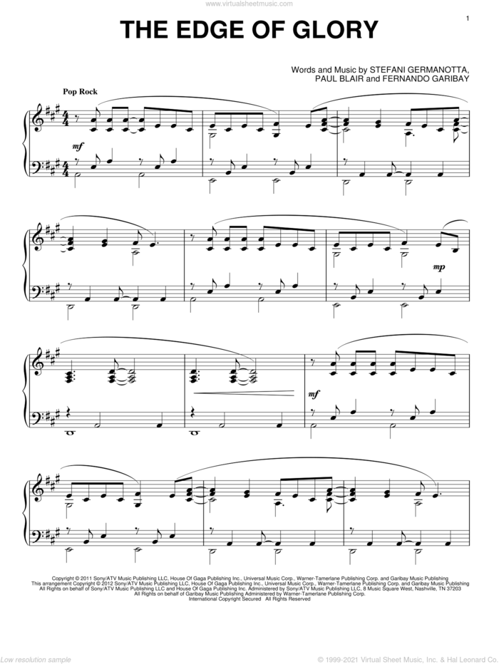 The Edge Of Glory, (intermediate) sheet music for piano solo by Lady Gaga, intermediate skill level