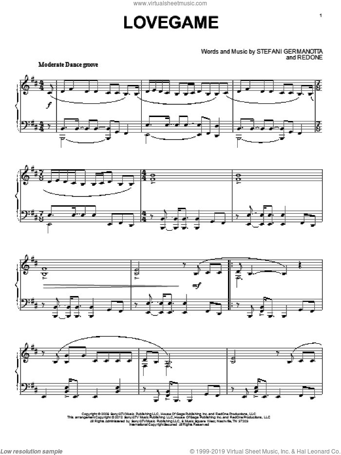 Lovegame sheet music for piano solo by Lady Gaga, intermediate skill level