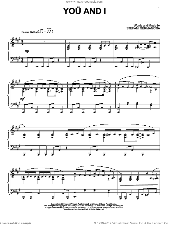 You And I sheet music for piano solo by Lady Gaga, intermediate skill level