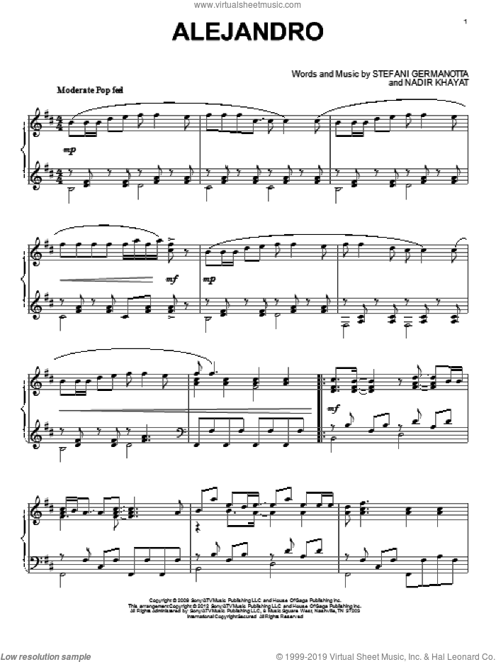 Alejandro, (intermediate) sheet music for piano solo by Lady Gaga and Nadir Khayat, intermediate skill level