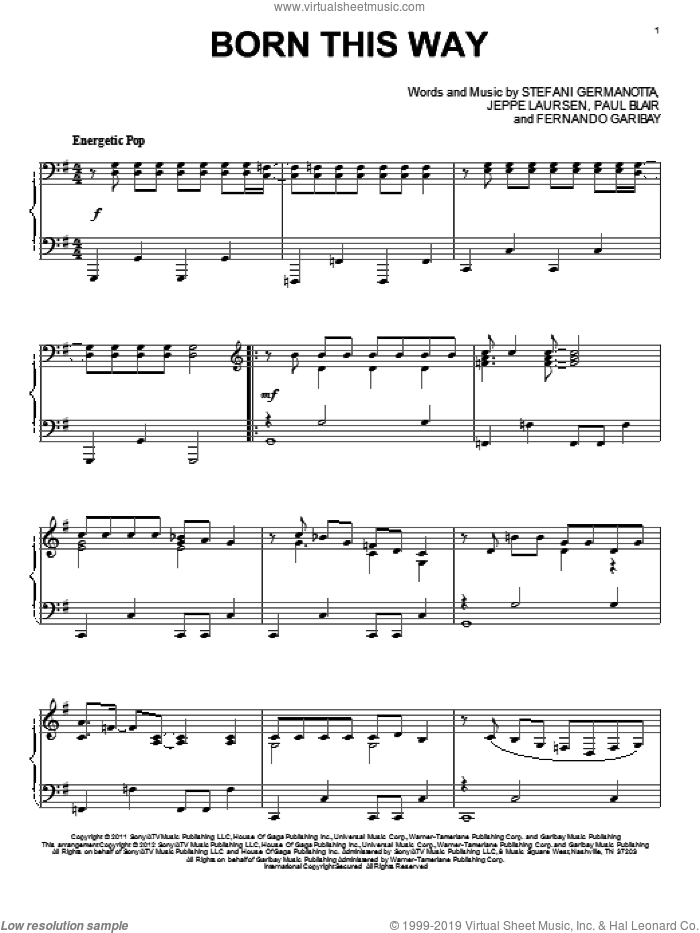 Born This Way sheet music for piano solo by Lady Gaga and Paul Blair, intermediate skill level